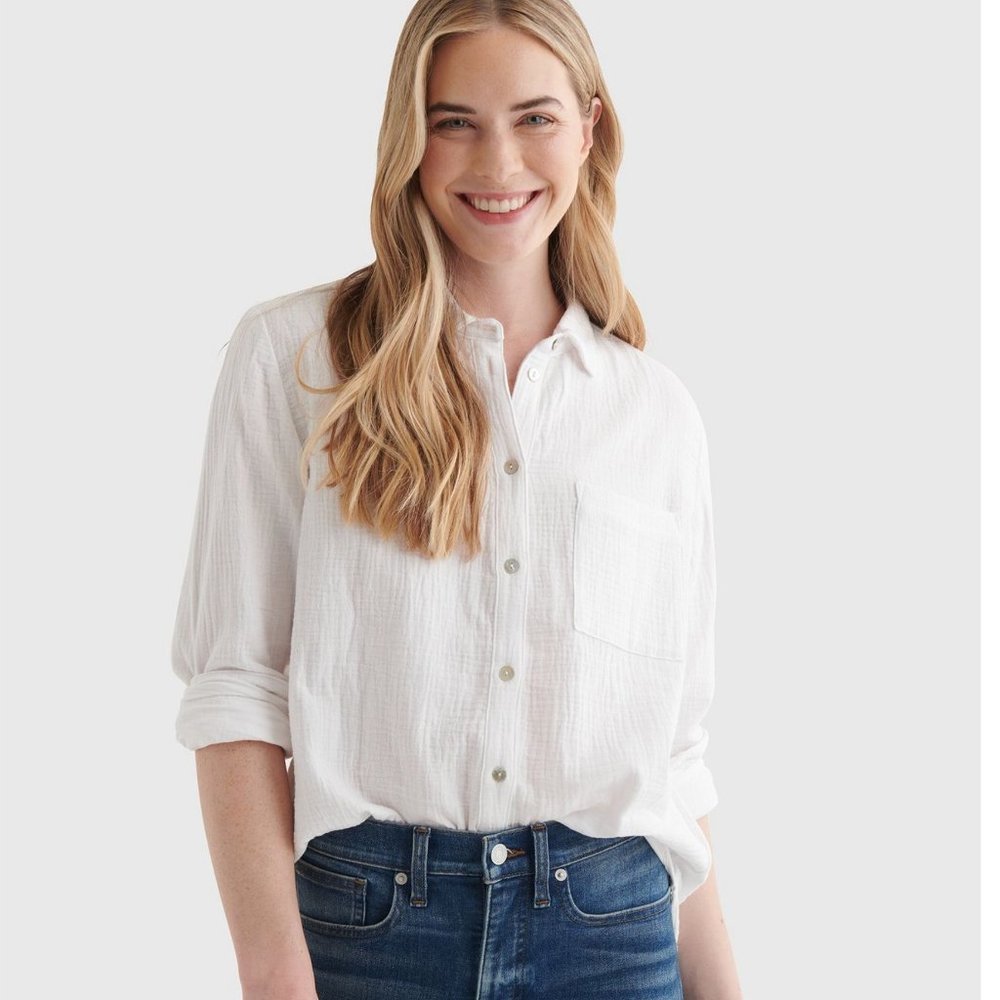 NWT Lucky Brand White Relaxed-Fit Pocket Woven Shirt